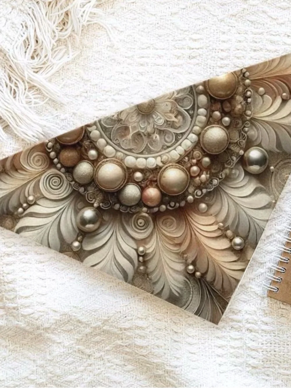 Decorative Pearl Motif Silk-Blend Scarf in Neutral Tones